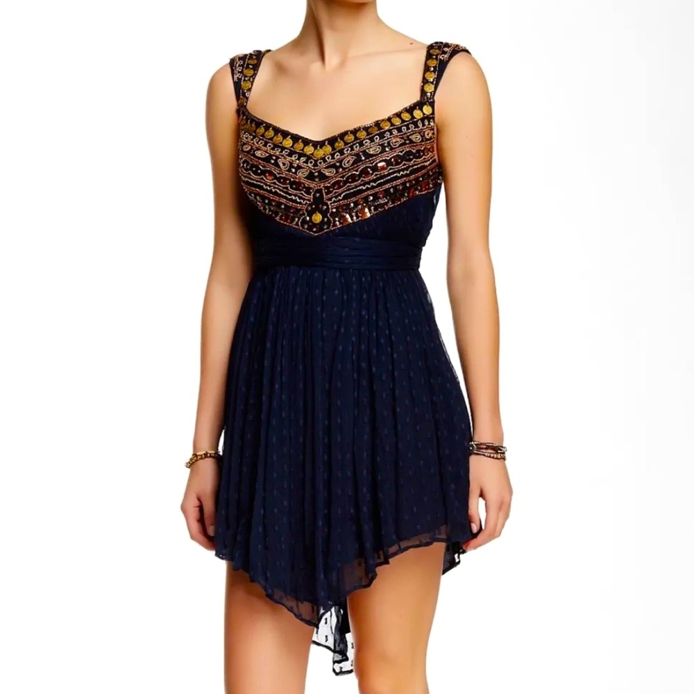 Free People Indigo Blue Coin Embellished Asymmetrical Dress Size 4